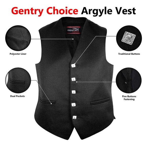 Men’s Traditional Scottish Argyle Jacket Vest Black - Picture 9 of 10